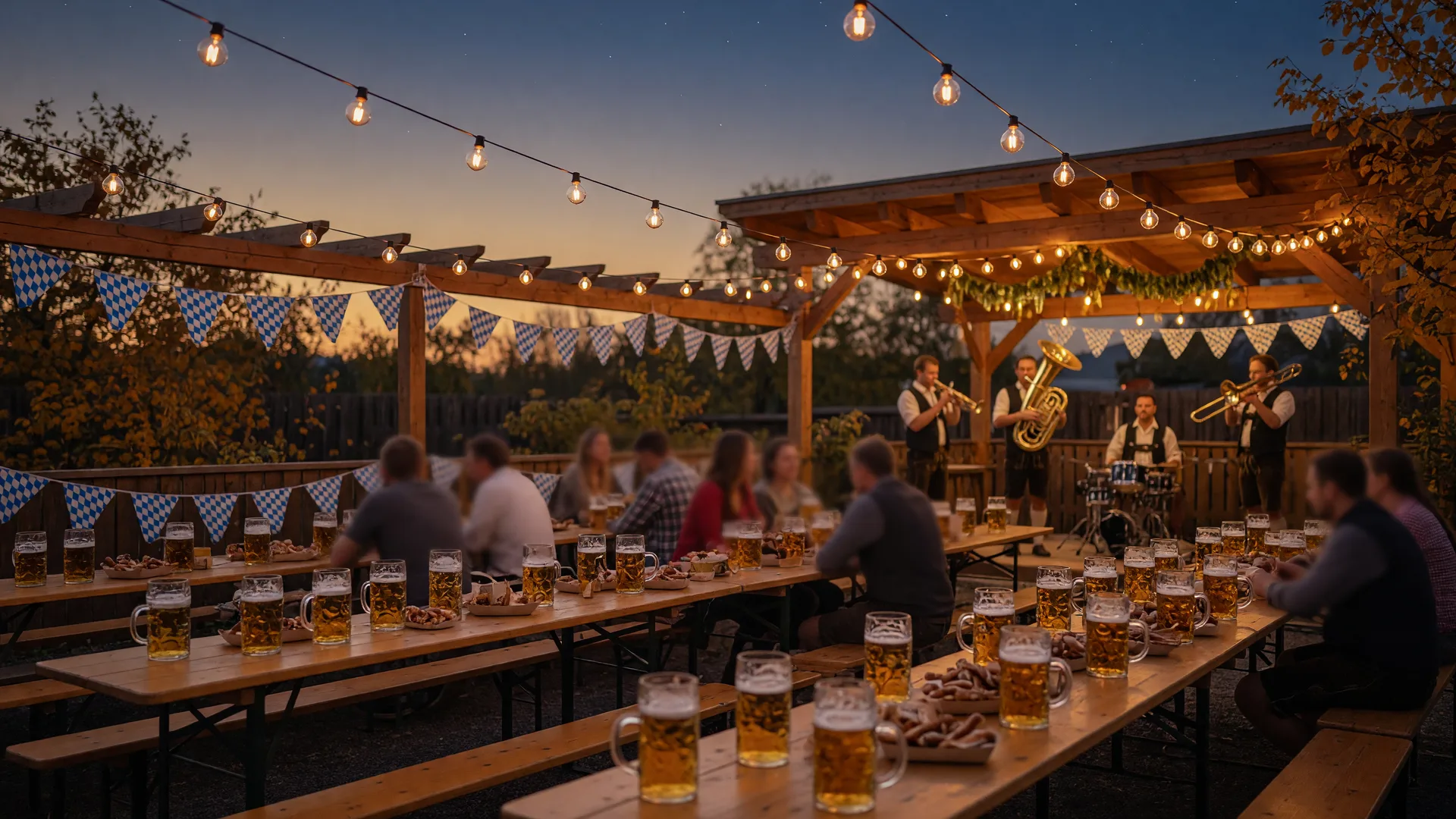 A brewery biergarten on a golden October evening with long communal tables, amber lagers in glass steins, warm string lights, and Bavarian bunting