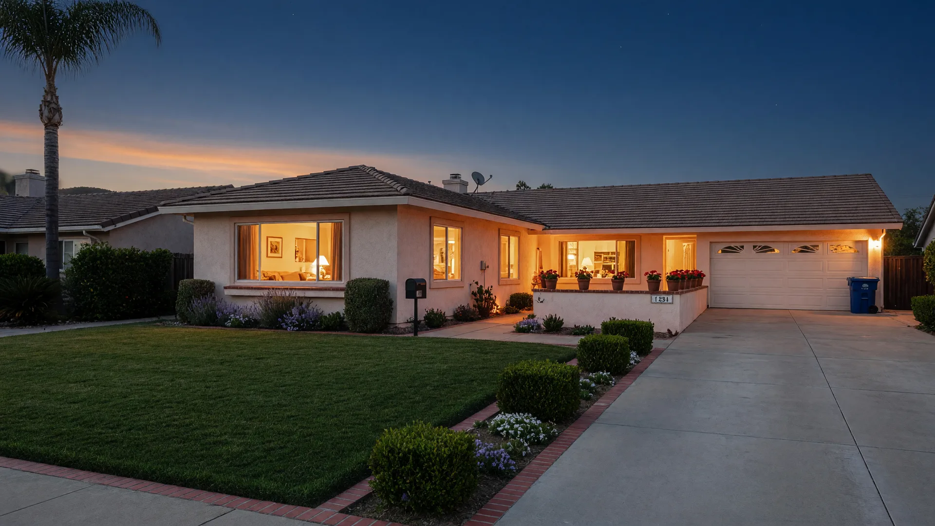 Well-kept Southern California suburban home with warm lights glowing through the windows at dusk