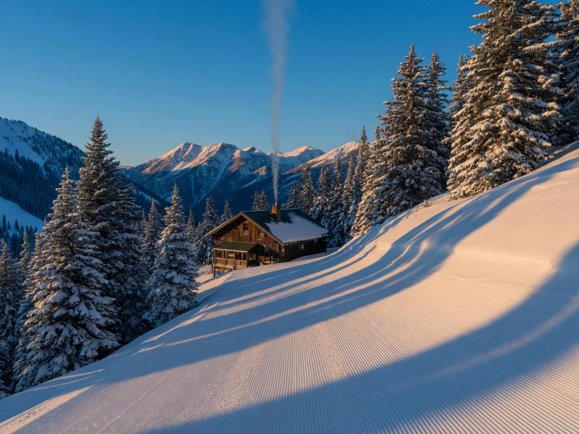 Pristine corduroy snow on a quiet, uncrowded run at a boutique Utah ski resort with snow-laden spruce and a distant lodge