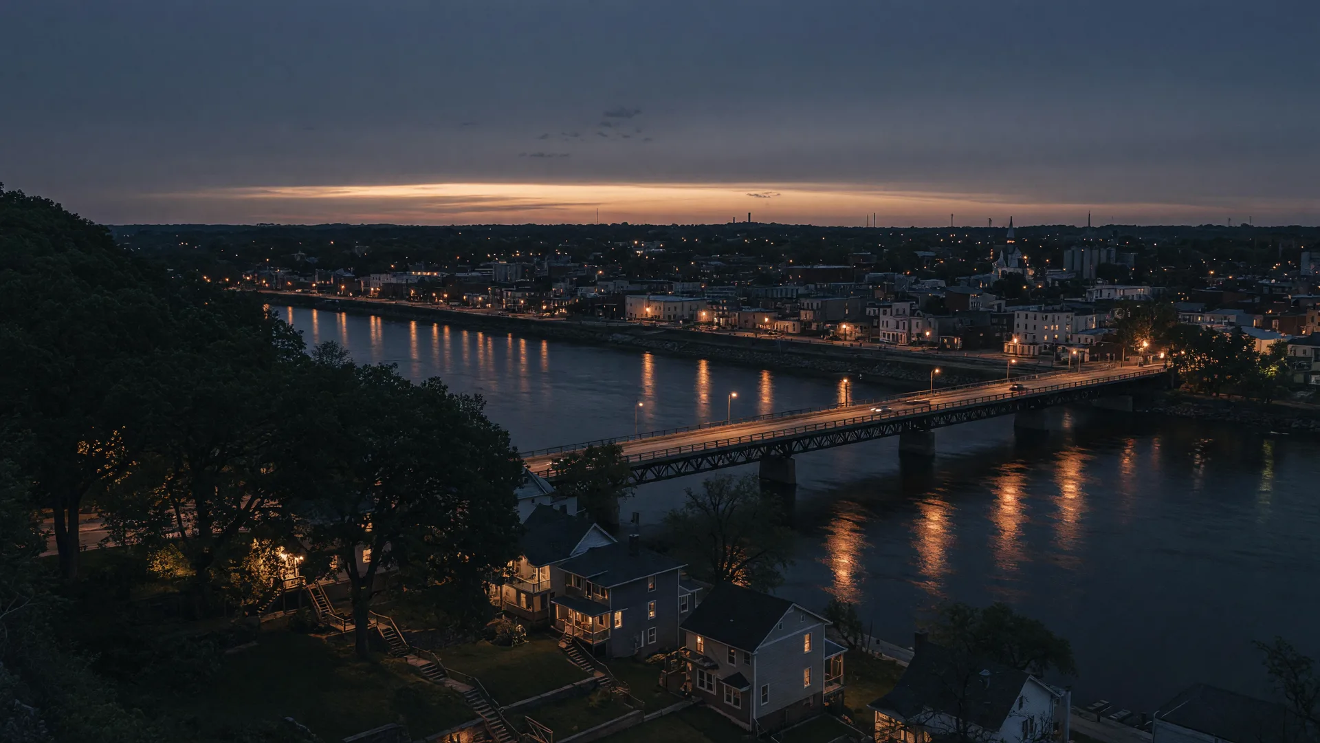 A quiet riverfront city at dusk along the Illinois River in Central Illinois