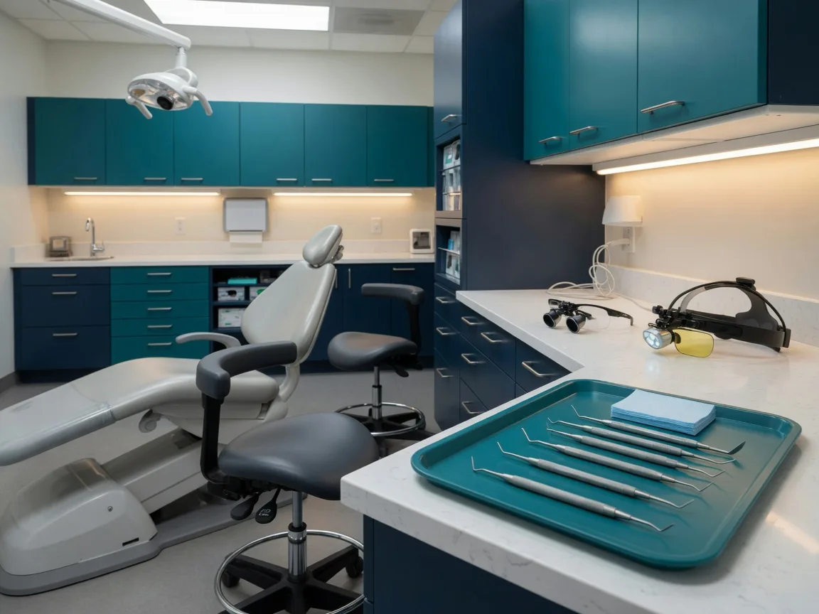 Ergonomic dental hygiene operatory with saddle stools, loupes and headlamp on a counter, and hand scaling instruments on a teal tray