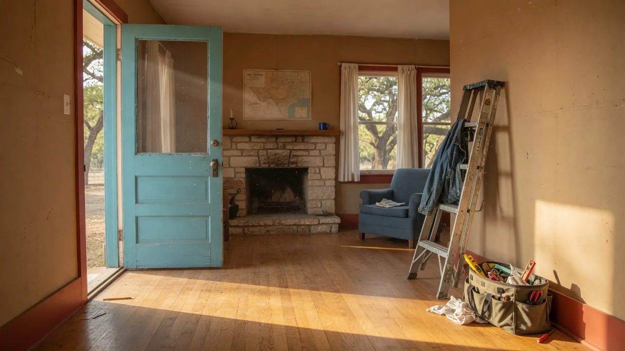A sunlit Texas ranch home entry during a San Antonio home inspection, front door open, with the inspector's ladder and tool tote in the hall