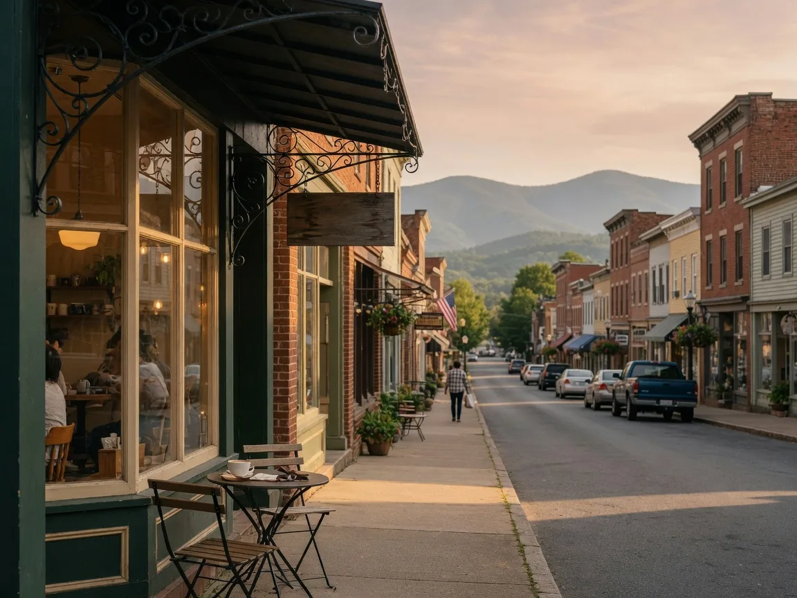 A cozy coffee shop and historic storefronts on Haymarket, Virginia's Washington Street, with a sidewalk café table and warm window light beneath the mountain foothills
