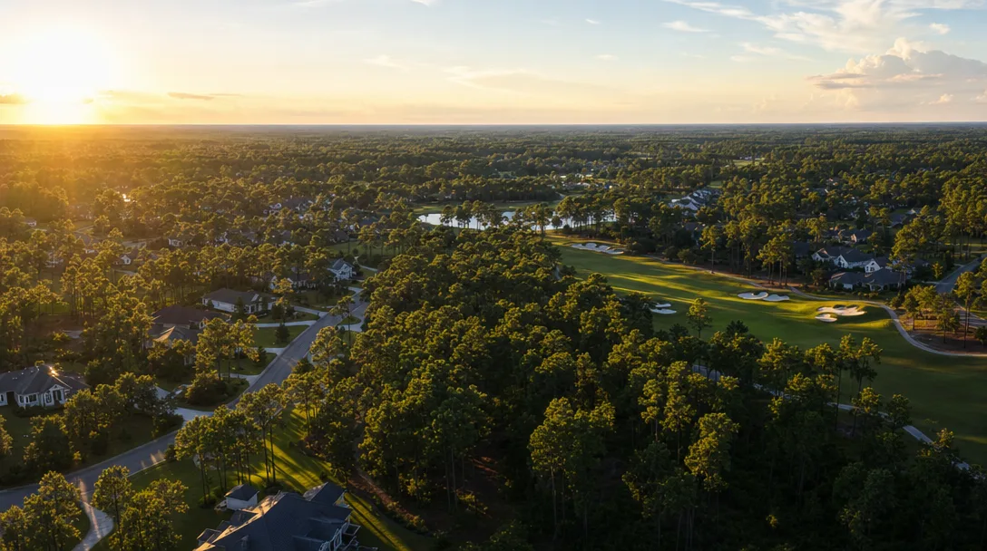Aerial view of Carolina Forest community in Myrtle Beach SC with pine trees and neighborhoods