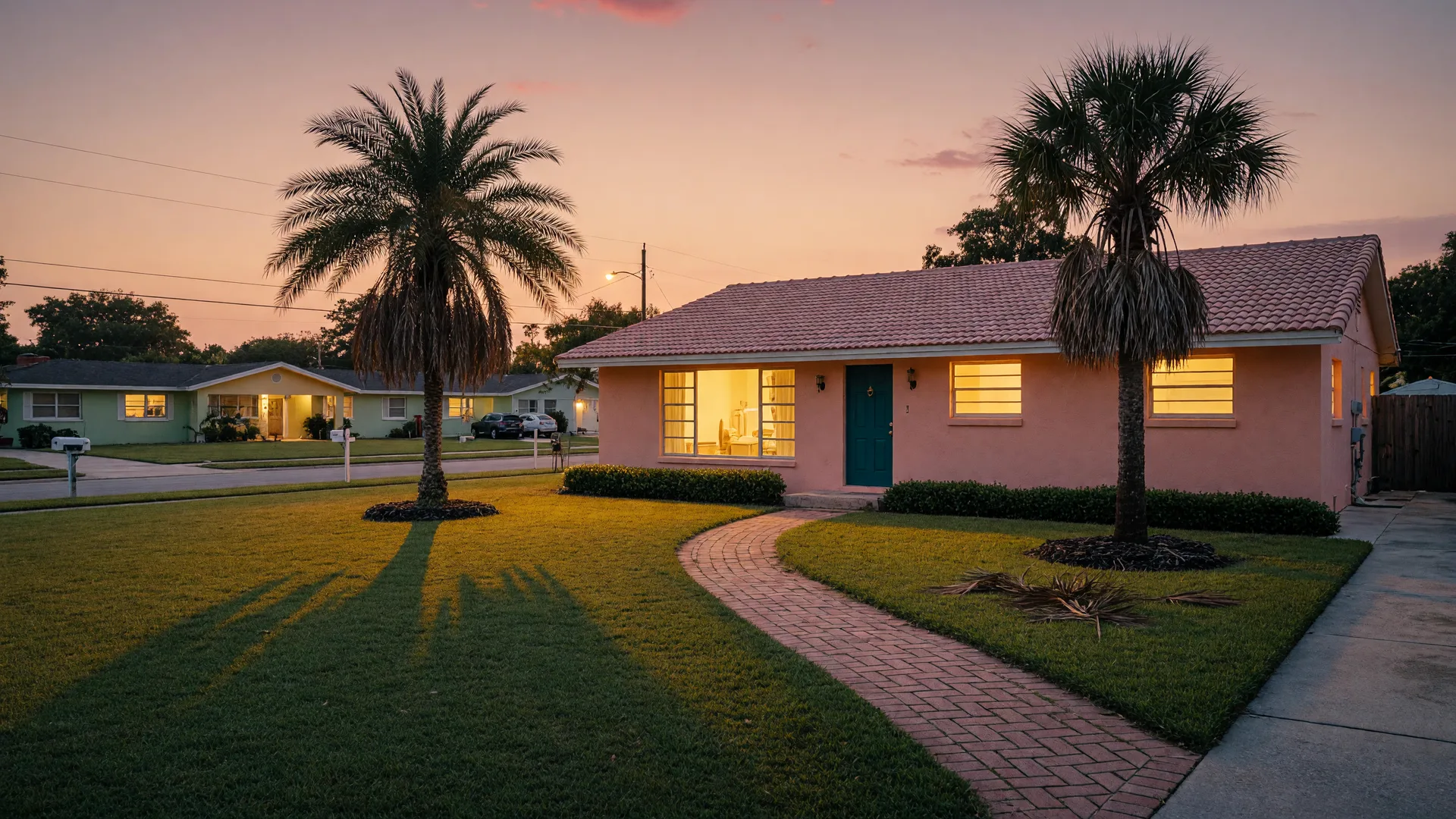 A single-story Florida ranch home at dusk with warm glowing windows, a curved brick walkway, palm-tree shadows, and a peach and lavender sky