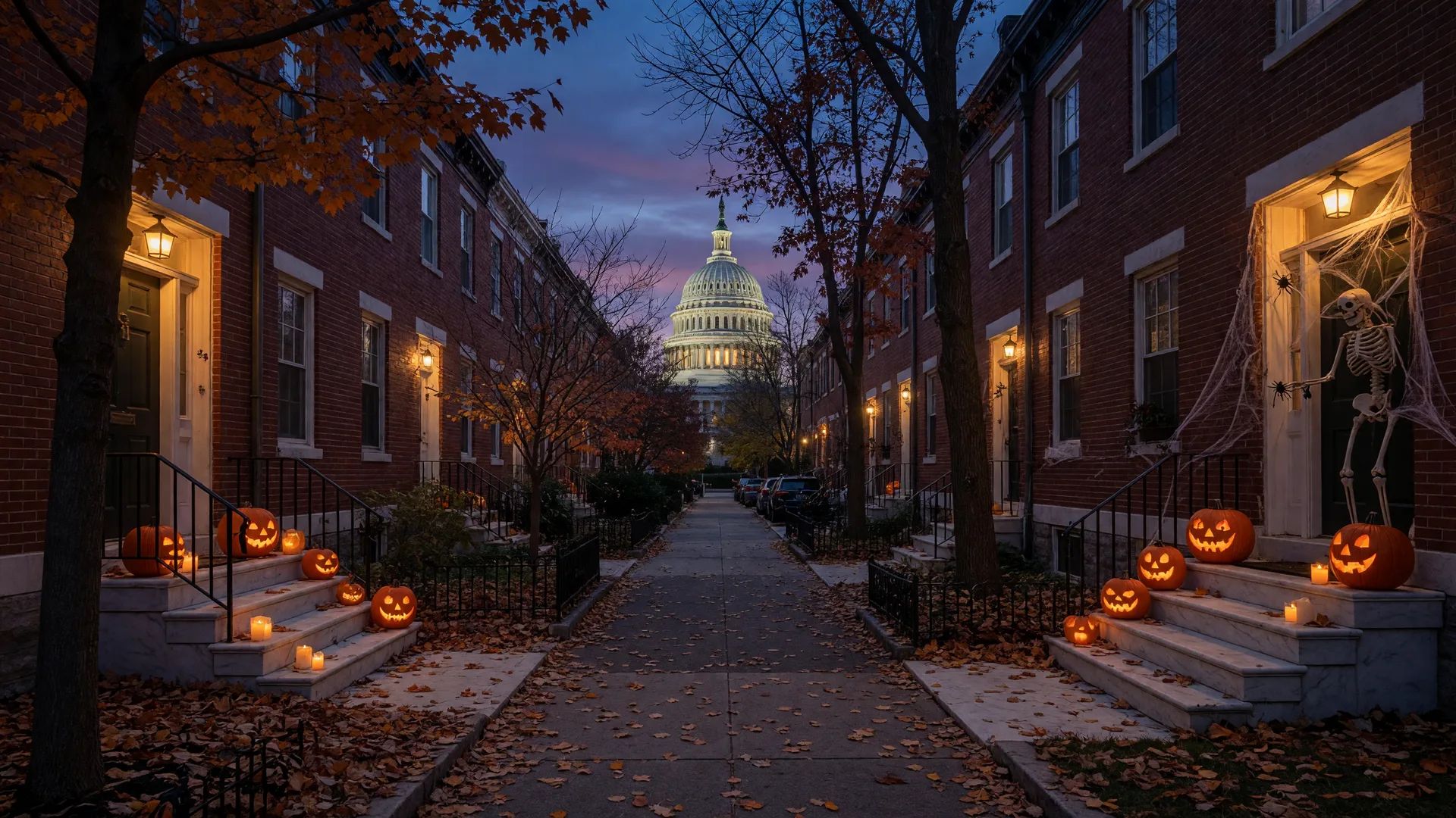 Brick rowhouses on a tree-lined street in the Capitol Hill neighborhood of Washington DC on Halloween evening, glowing jack-o'-lanterns on white marble stoops, autumn leaves underfoot, and the US Capitol dome faint at the end of the street in deep blue twilight