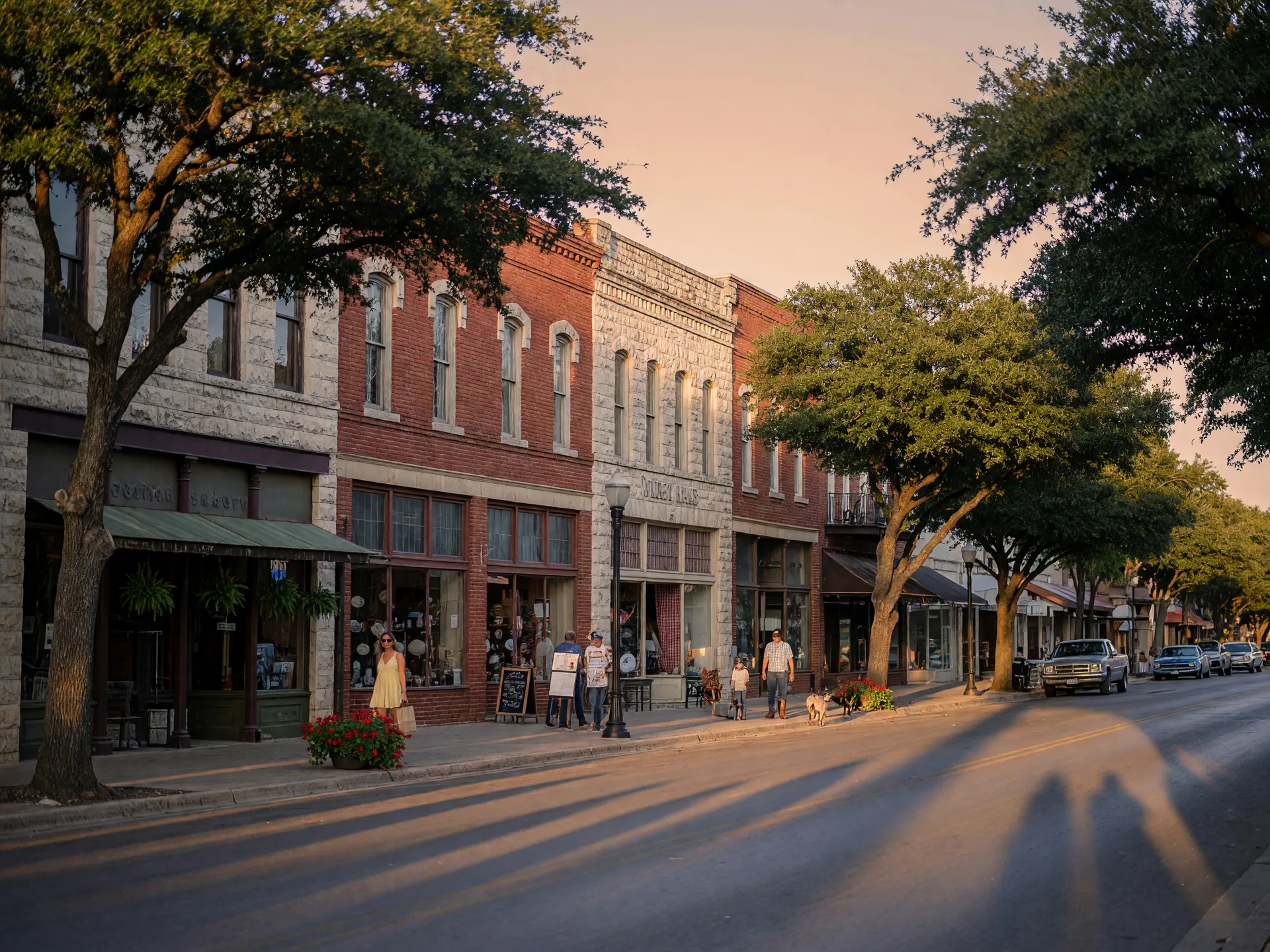Historic downtown New Braunfels with limestone and brick buildings housing local shops and restaurants under live oak trees