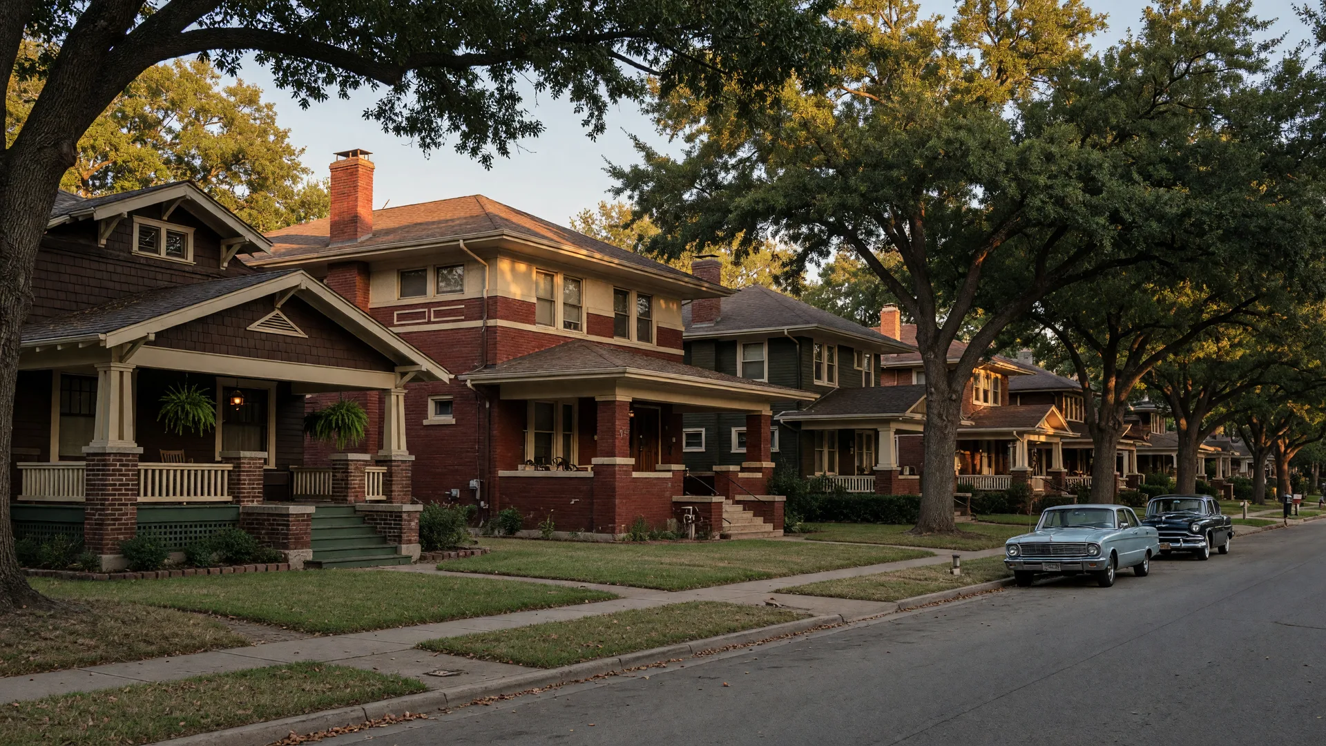 Historic Craftsman and Prairie-style houses on a tree-lined street in the Winnetka Heights neighborhood of North Oak Cliff, Dallas