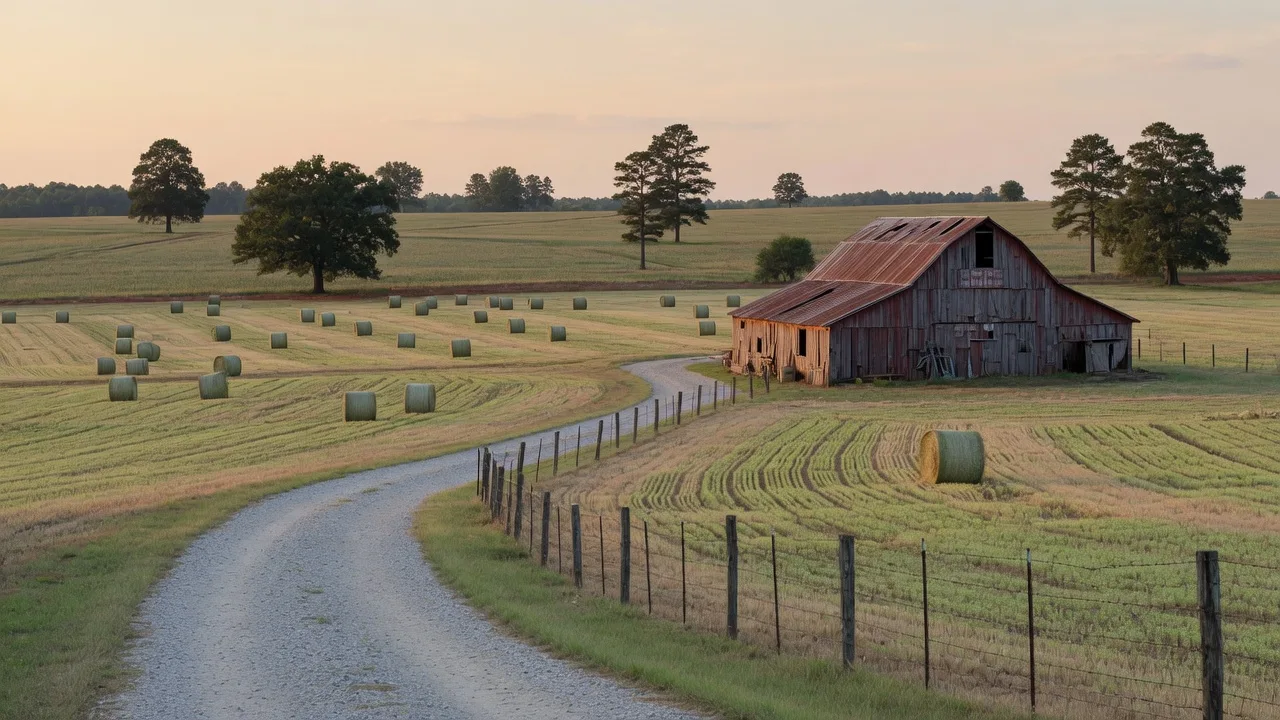 Rolling farmland with hay bales and a weathered barn in rural Crawford County, Georgia