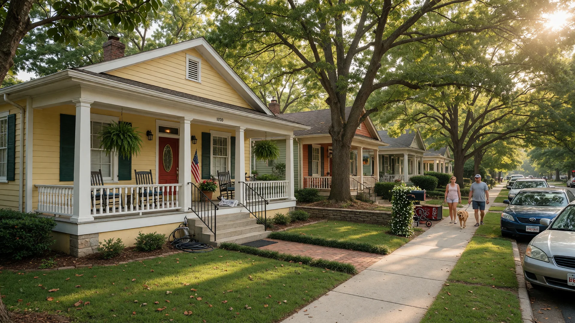 Charming bungalow on a tree-lined street in an Atlanta intown neighborhood on a sunny summer morning