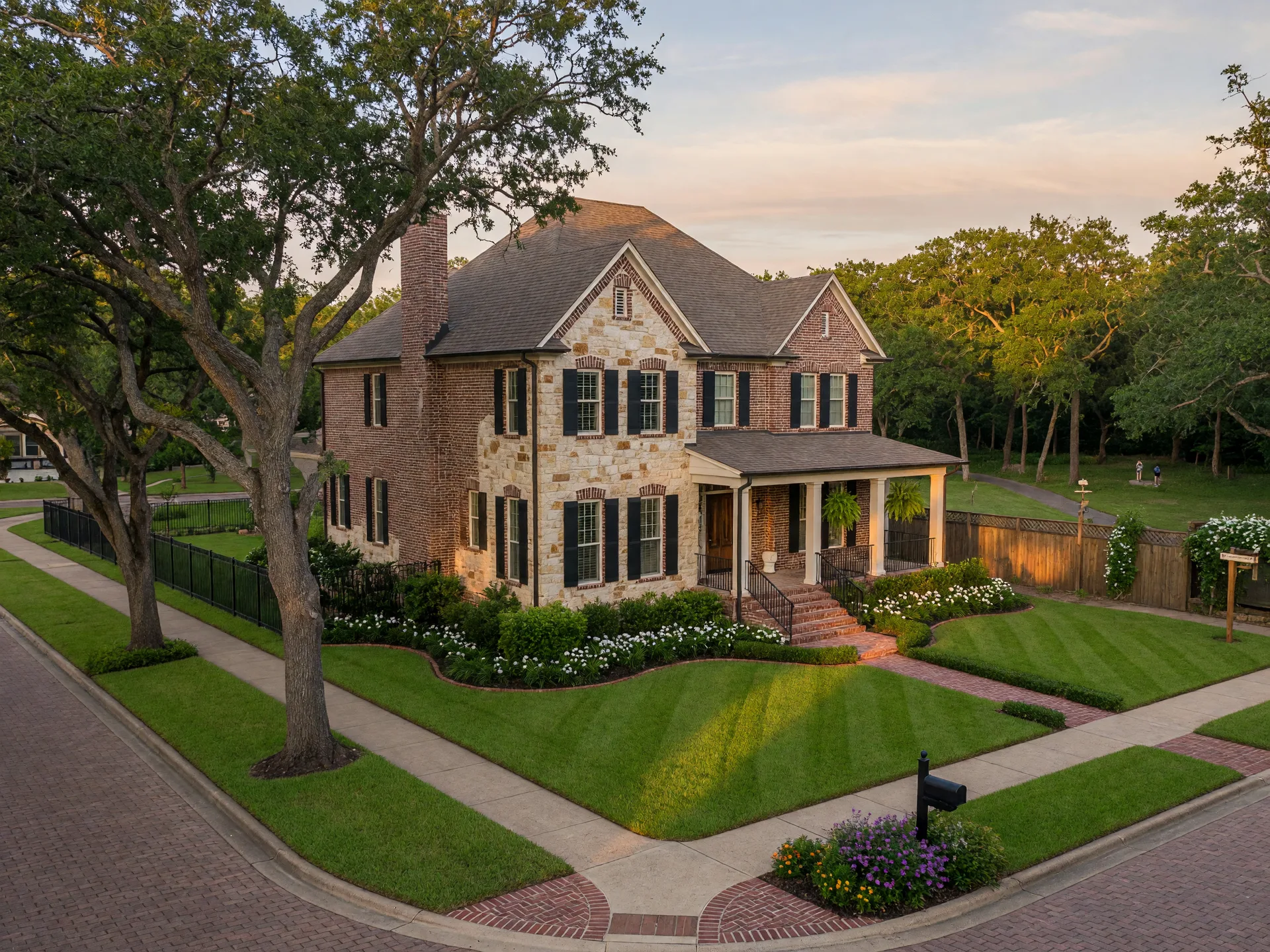 Large two-story stone and brick family home with a manicured lawn in The Ranch at Brushy Creek Cedar Park