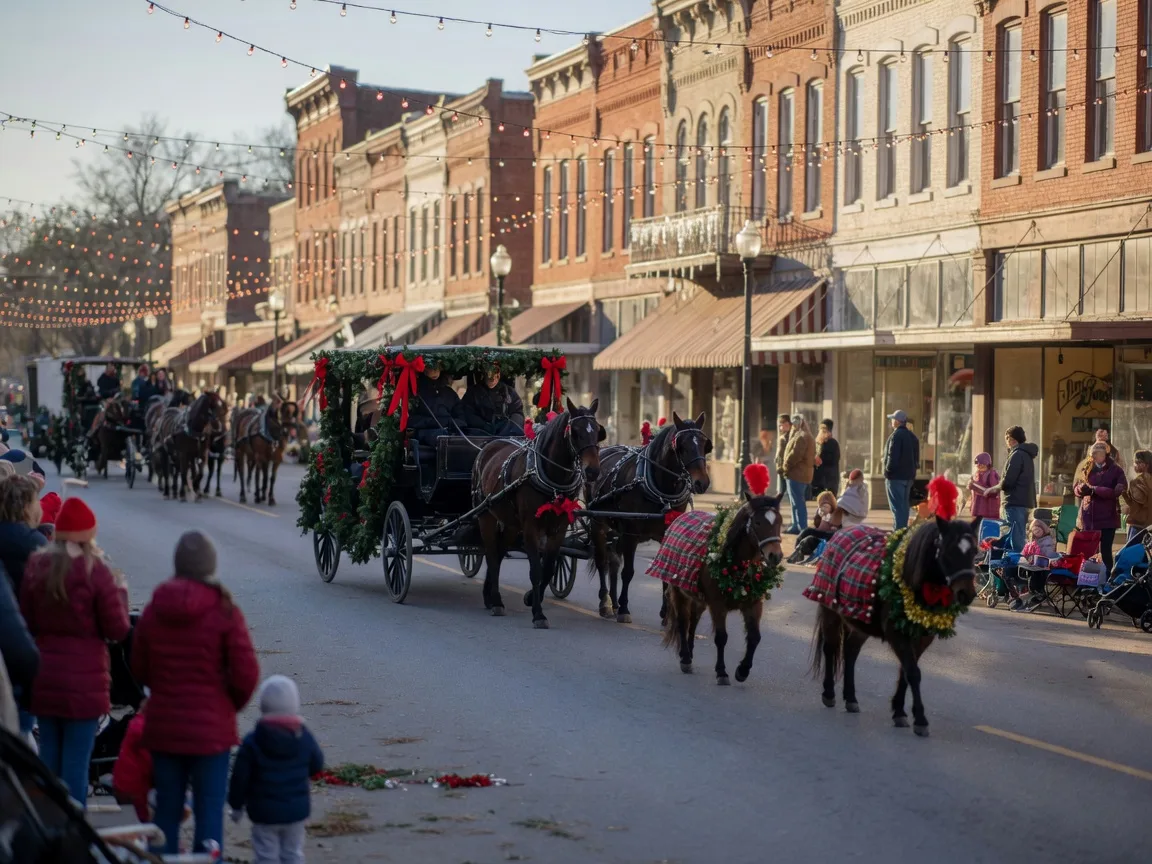 A horse-drawn carriage trimmed in evergreen garlands and red bows leads the Hoofbeats Christmas Parade down a historic downtown Aiken street strung with holiday lights, with decorated ponies and riders alongside and families lining the sidewalks