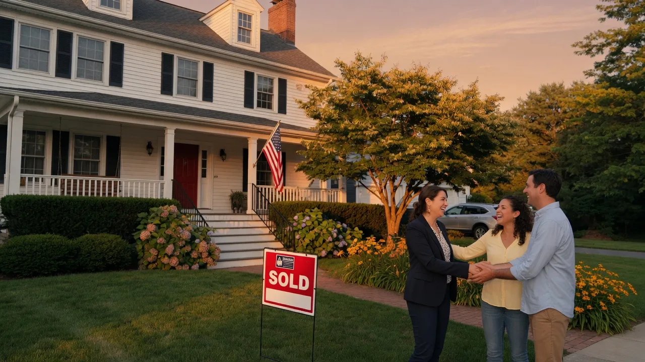 Real estate agent shaking hands with a happy couple on the front porch of a South Jersey colonial home with a Sold sign