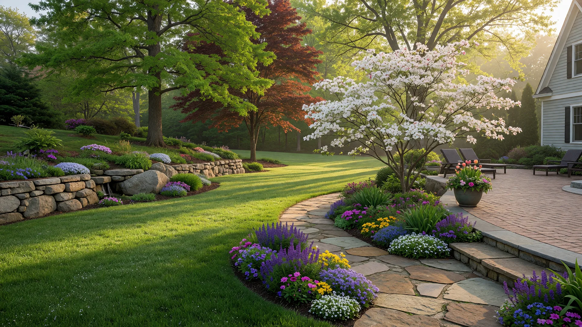 Beautifully landscaped South Jersey property with lush lawn, stone walkways, and blooming gardens