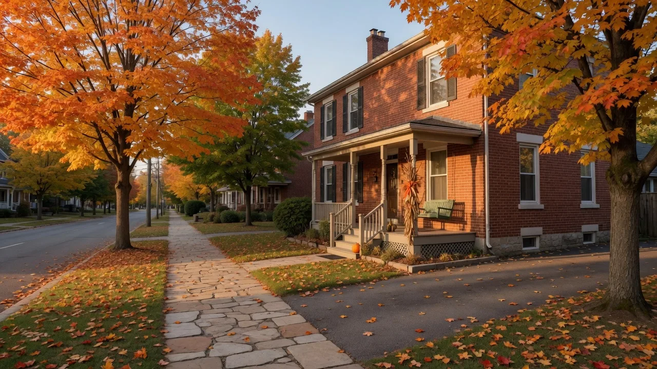 A classic two-storey red brick family home on a tree-lined street in a Durham Region town in late October, with a welcoming front porch and sugar maples in full autumn colour