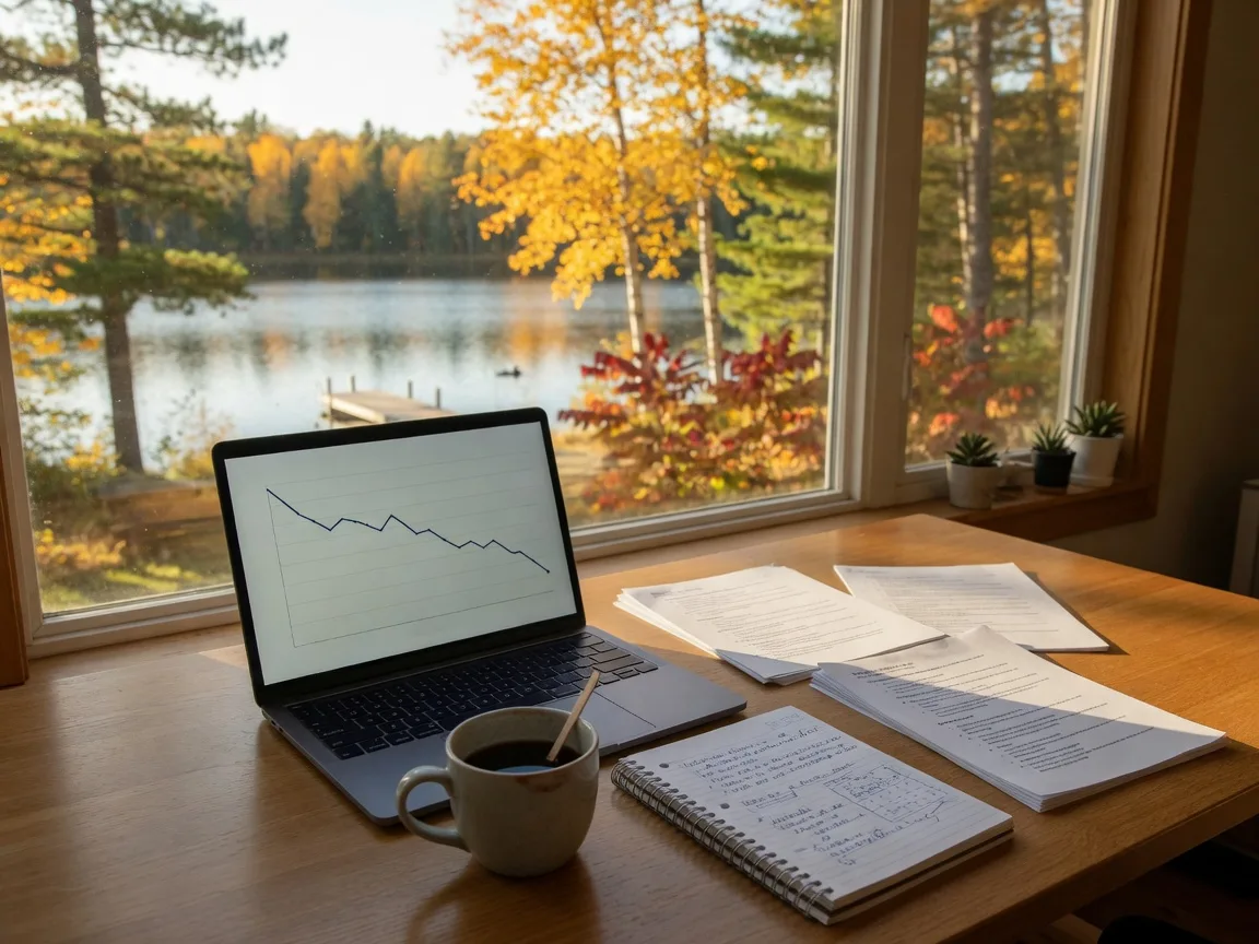 A real estate desk in northern Minnesota in mid-October with a laptop showing a steady mortgage-rate chart, printed county market report pages, a spiral notebook, and a coffee mug in warm autumn light