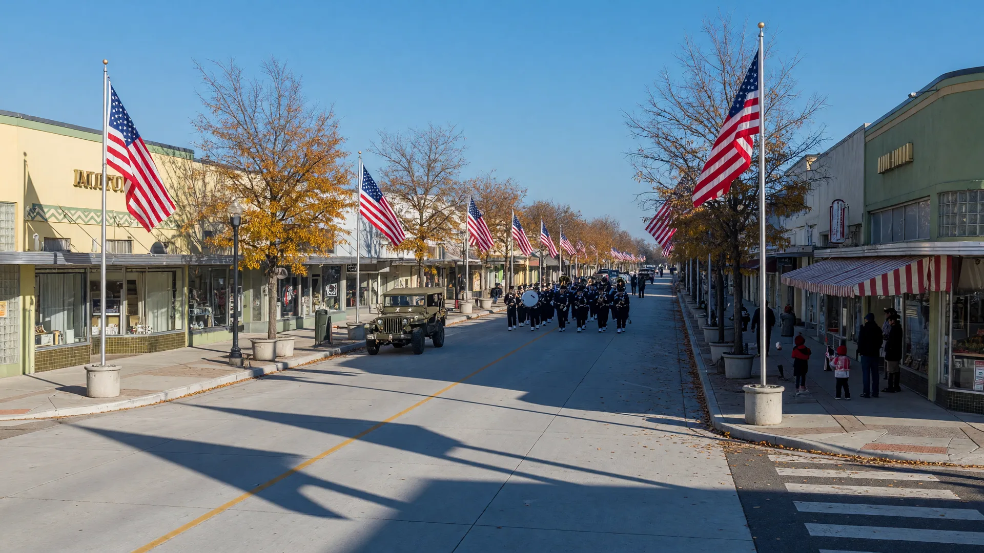 Downtown Tulsa street lined with American flags on a crisp November morning before the Tulsa Veterans Day Parade