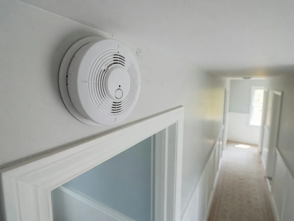 Smoke and carbon monoxide detector mounted on a hallway ceiling near a bedroom door in a home