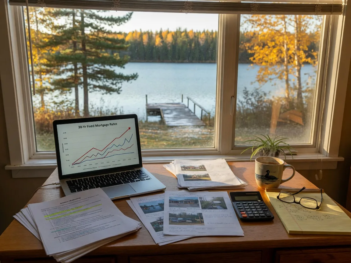 A real estate desk in northern Minnesota in mid-October with a rising mortgage-rate chart on a laptop, printed county board agenda pages, a calculator, and a coffee mug in warm autumn light