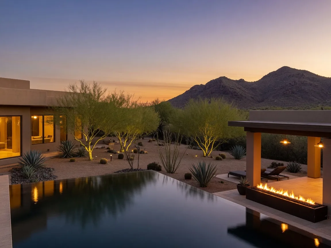Private desert backyard in North Scottsdale with a pool and fireplace at dusk
