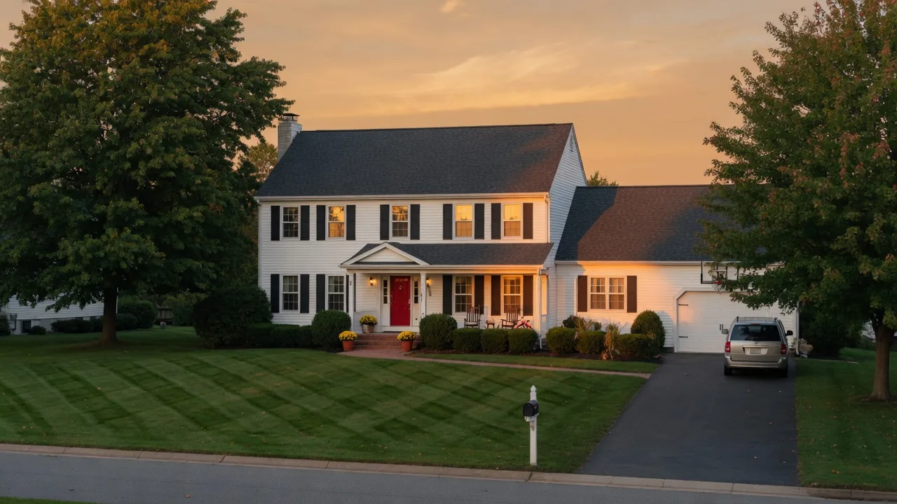 A traditional suburban family home glowing warm at golden hour