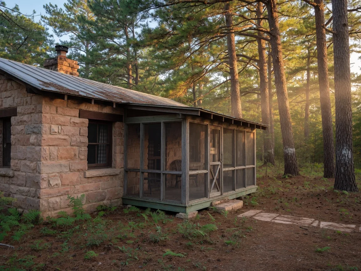 A rustic 1930s Civilian Conservation Corps sandstone-and-timber cabin with a screened porch nestled among tall loblolly pines at Bastrop State Park, in warm golden late-afternoon light