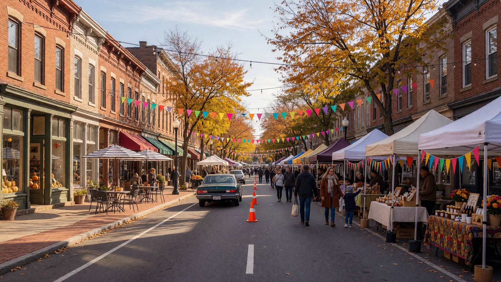 Bloomfield Avenue in Montclair on a bright autumn afternoon with historic brick storefronts, outdoor cafe tables, pop-up market stalls with festival bunting, string lights, and pedestrians strolling mid-street at a community festival