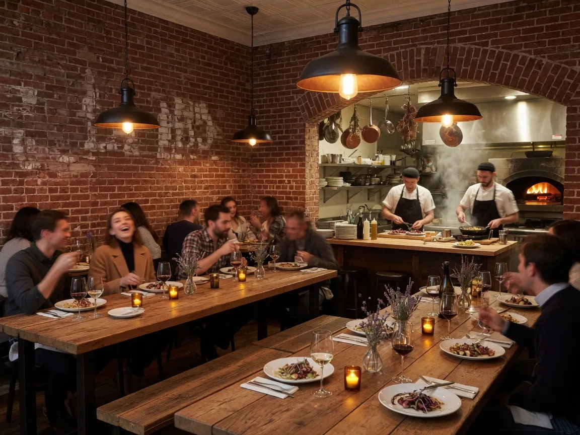 Fork restaurant interior with exposed brick and modern American dining in Old City