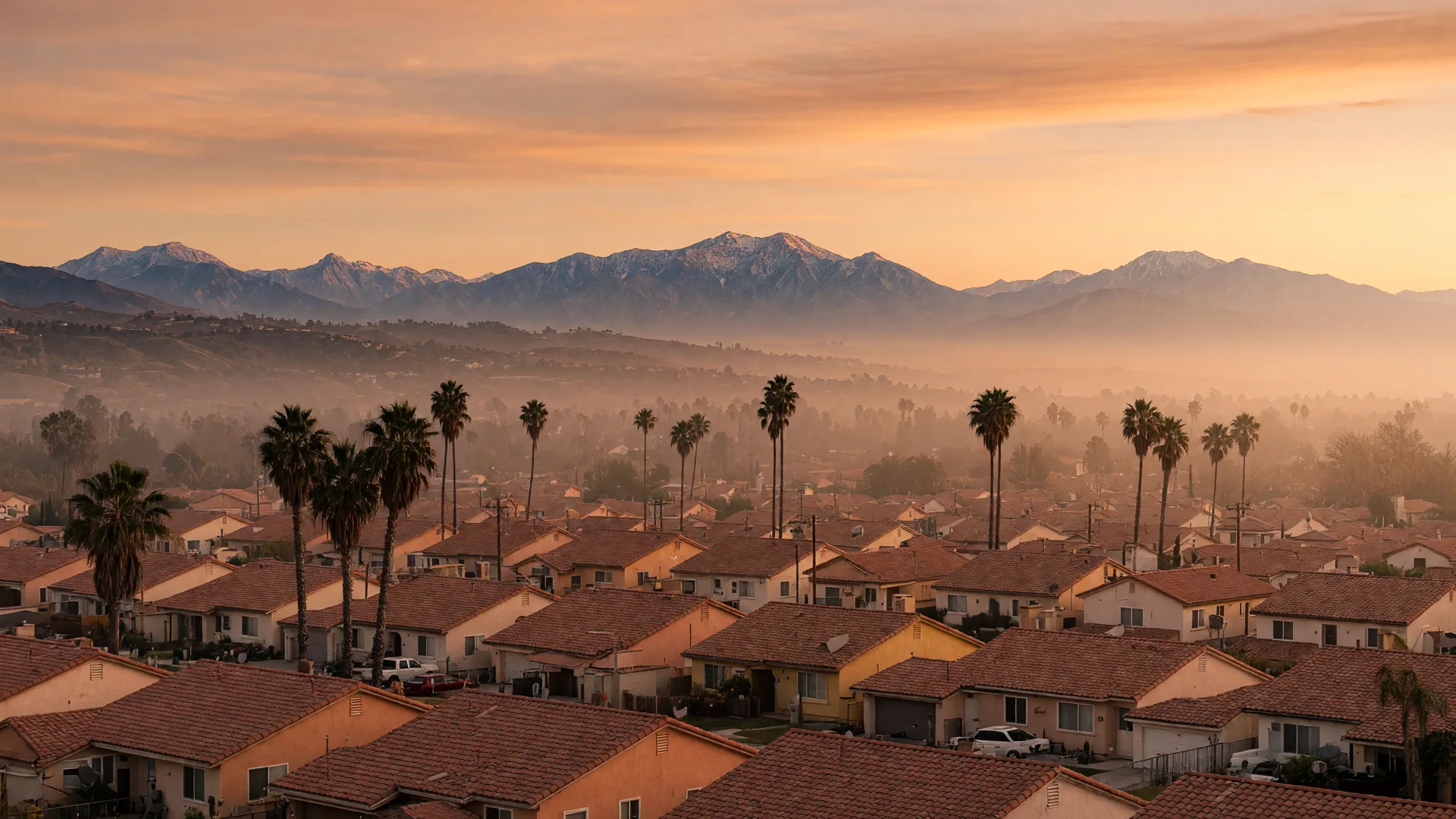 Golden-hour view across Inland Empire foothills toward the San Gabriel Mountains