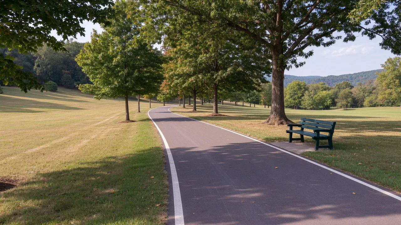 A smooth paved park loop trail winding through mature woods and open lawn in a Virginia city park on a bright late-summer afternoon