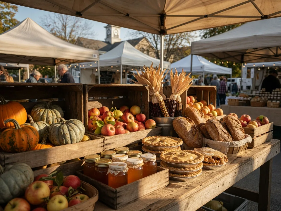 Farmers' market stall in mid-October with wooden crates of pumpkins, squash, apples, honey jars, and fresh baked pies and bread under a market canopy