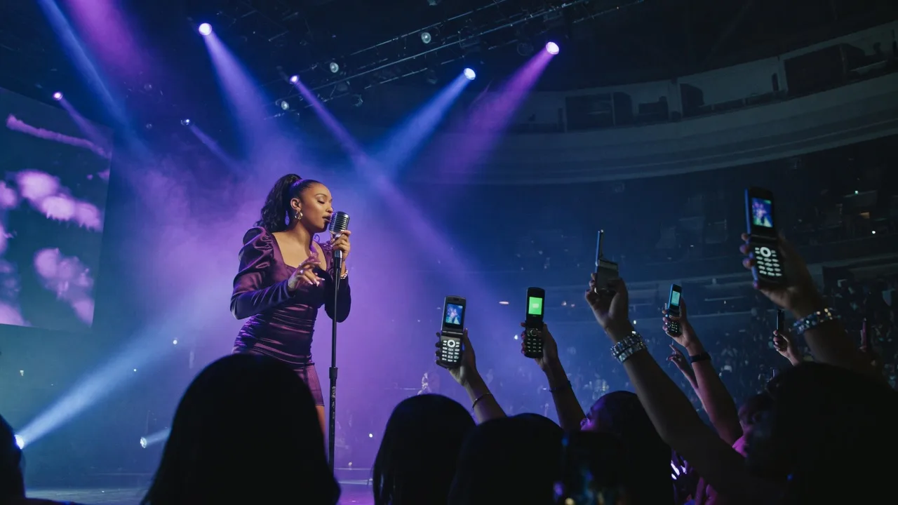 A 1990s R&B concert with a solo singer at a vintage microphone under deep blue and violet stage lights with a silhouetted audience