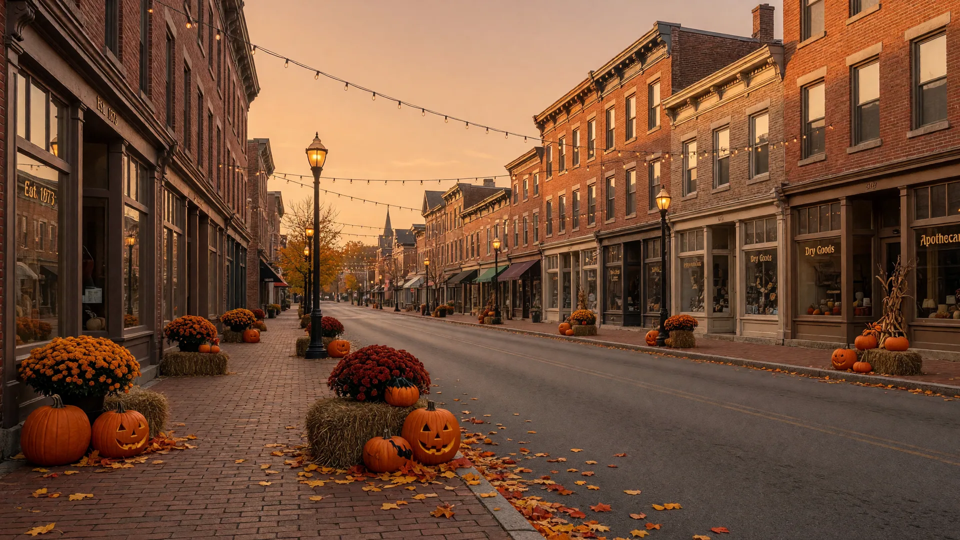 Historic Lehigh Valley downtown main street decorated for autumn and Halloween with orange mums, hay bales, carved jack-o'-lanterns, and glowing string lights under a golden-hour sky