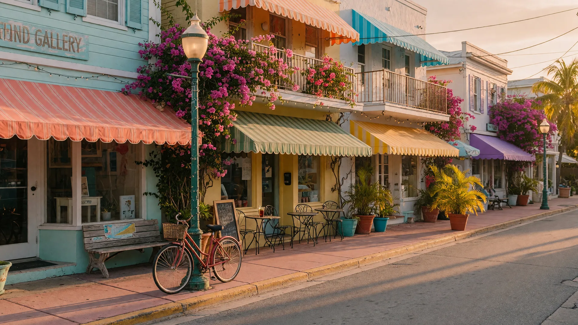 A small-town shopping street in the Florida Keys at golden hour with independent storefronts under striped awnings, an art gallery, a cafe with bistro tables, a bicycle leaning against a lamppost, and flowering bougainvillea and potted palms along the sidewalk