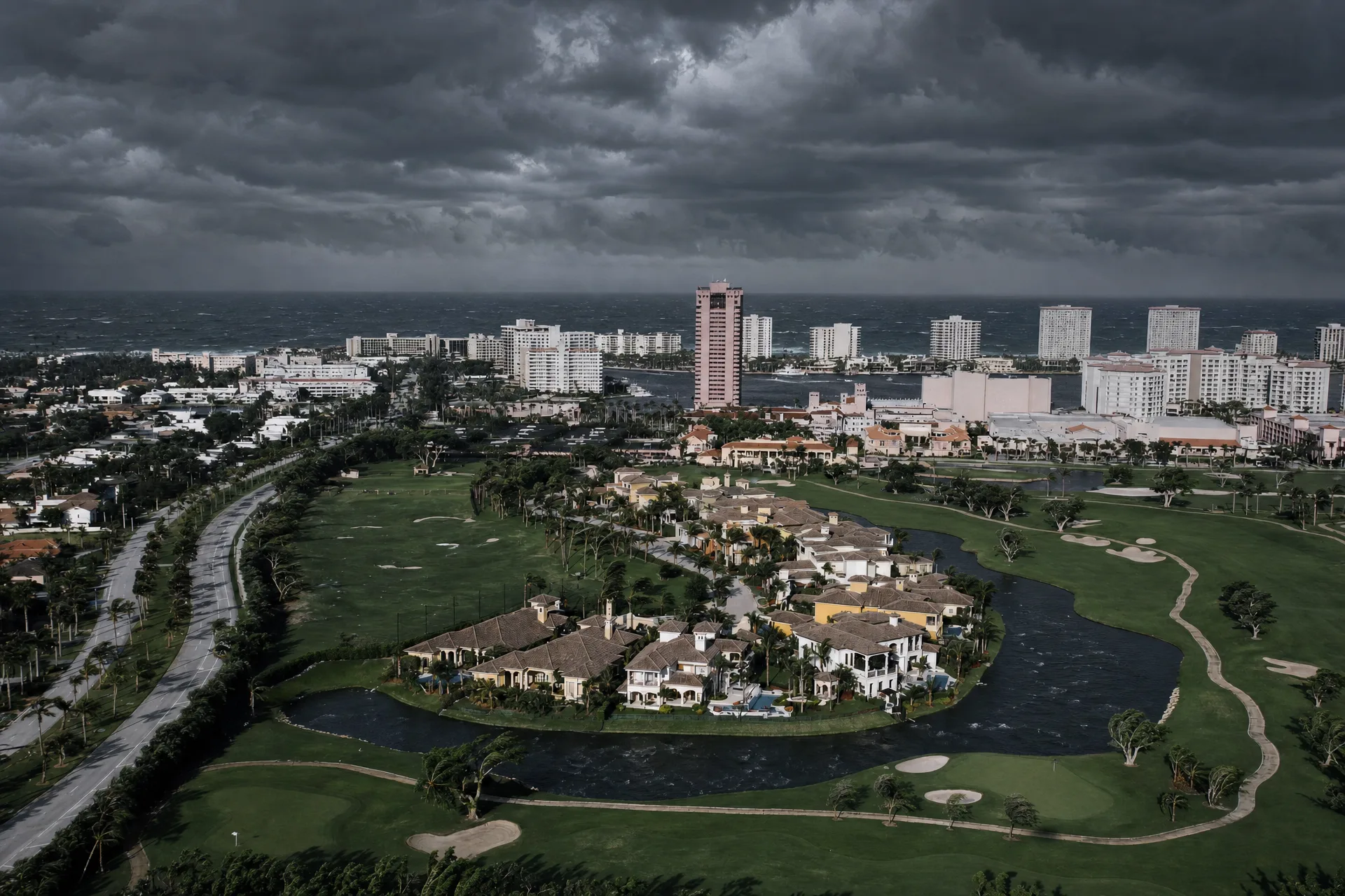 Aerial view of Boca Raton, Florida under dark storm clouds and wind during a state of emergency