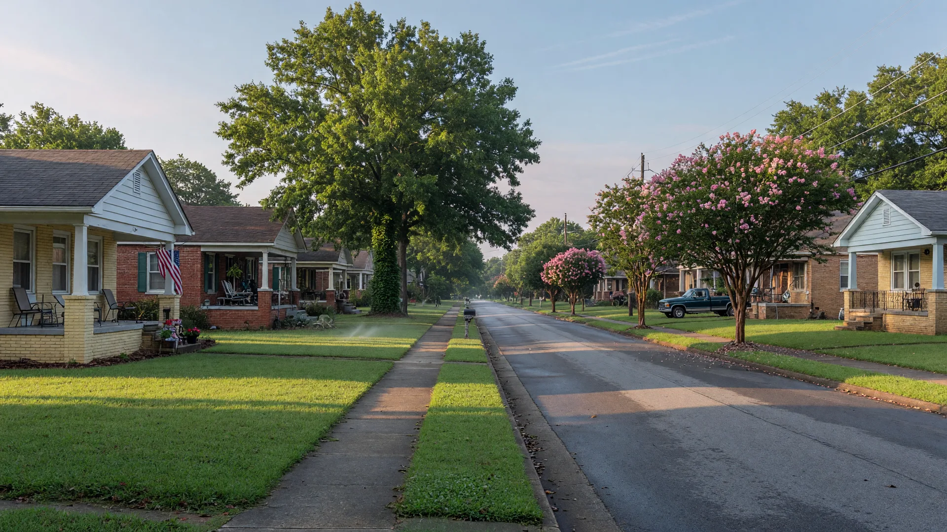 Postwar brick and siding homes on a tree-lined residential street in Forest Park Georgia