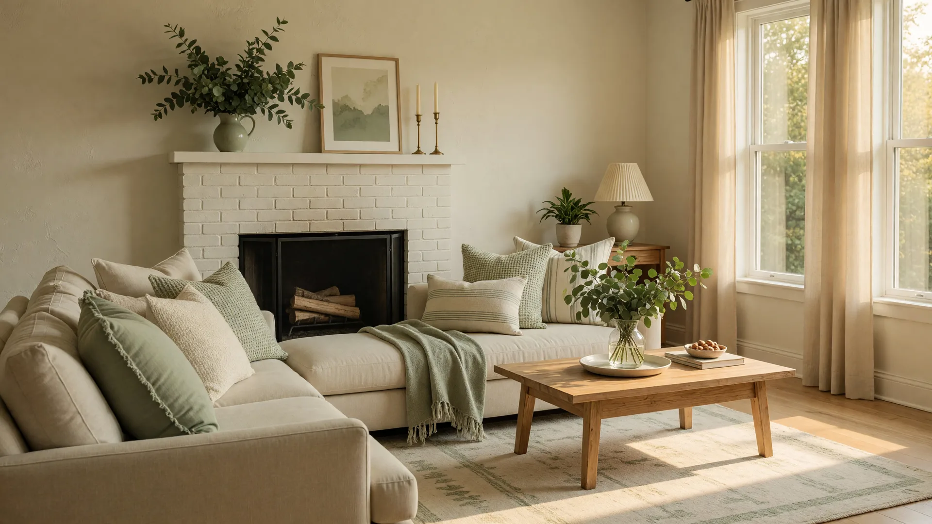 Beautifully staged living room with sage and cream neutral tones, ready for buyers