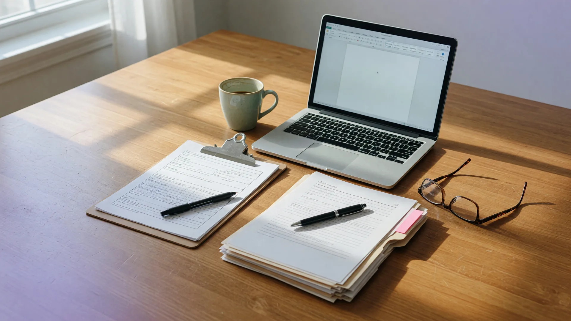Kitchen table with insurance claim paperwork on a clipboard, laptop, coffee, and reading glasses in natural light