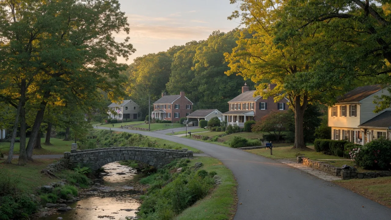 Quiet wooded Huntingdon Valley, Pennsylvania neighborhood with colonial homes along a tree-shaded road
