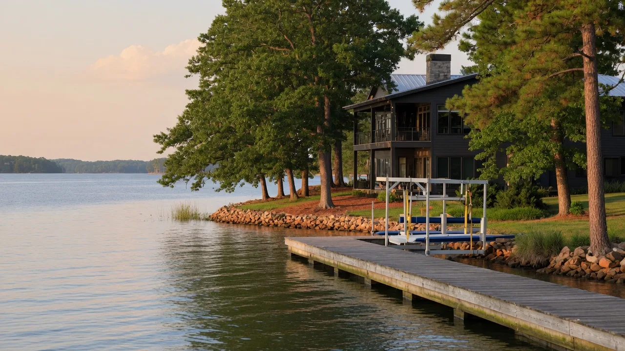 Lake Norman waterfront dock and home at golden hour, showing the shoreline zone where flood insurance applies