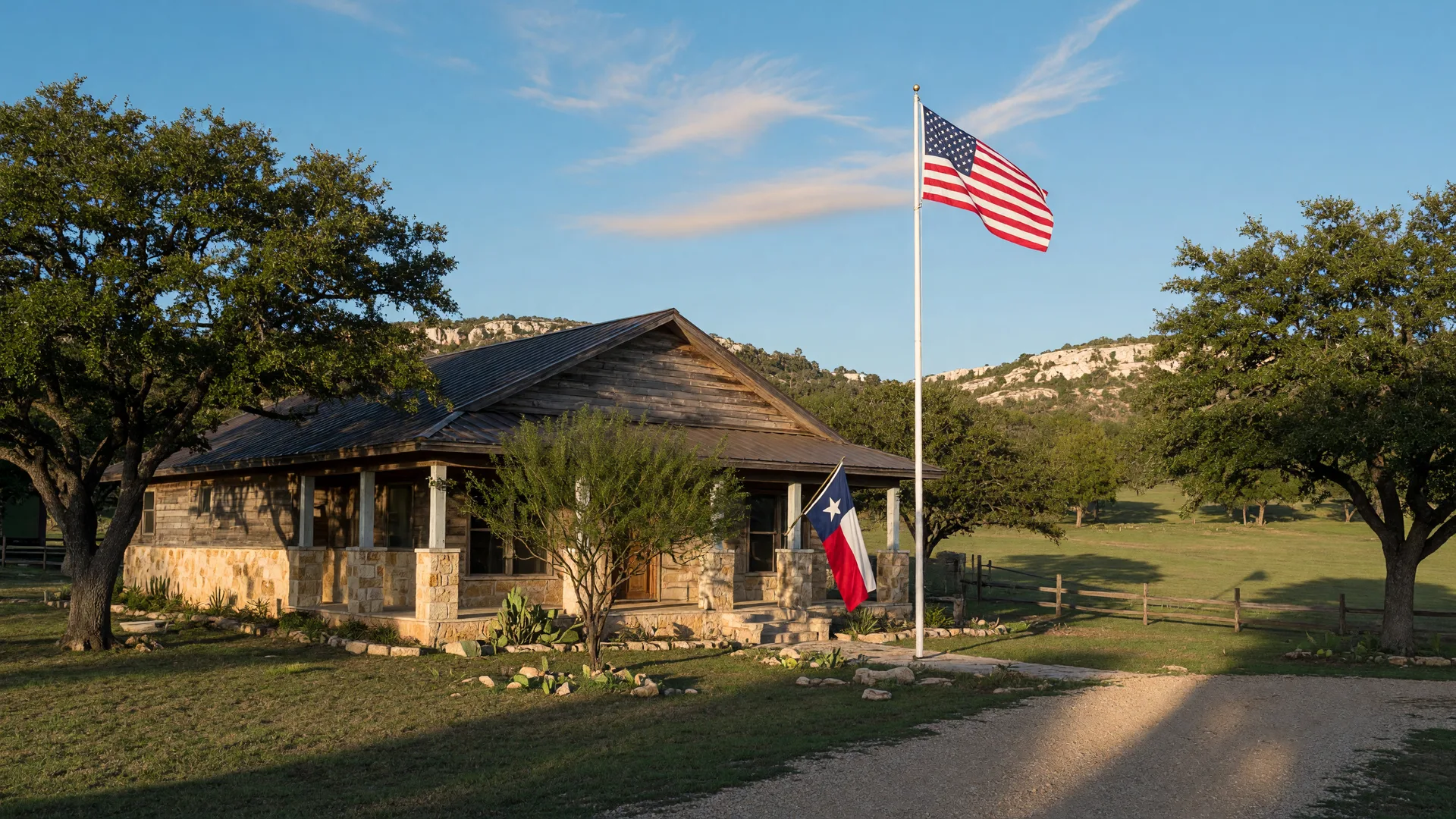A Hill Country ranch home on acreage with a Texas flag and an American flag on the porch