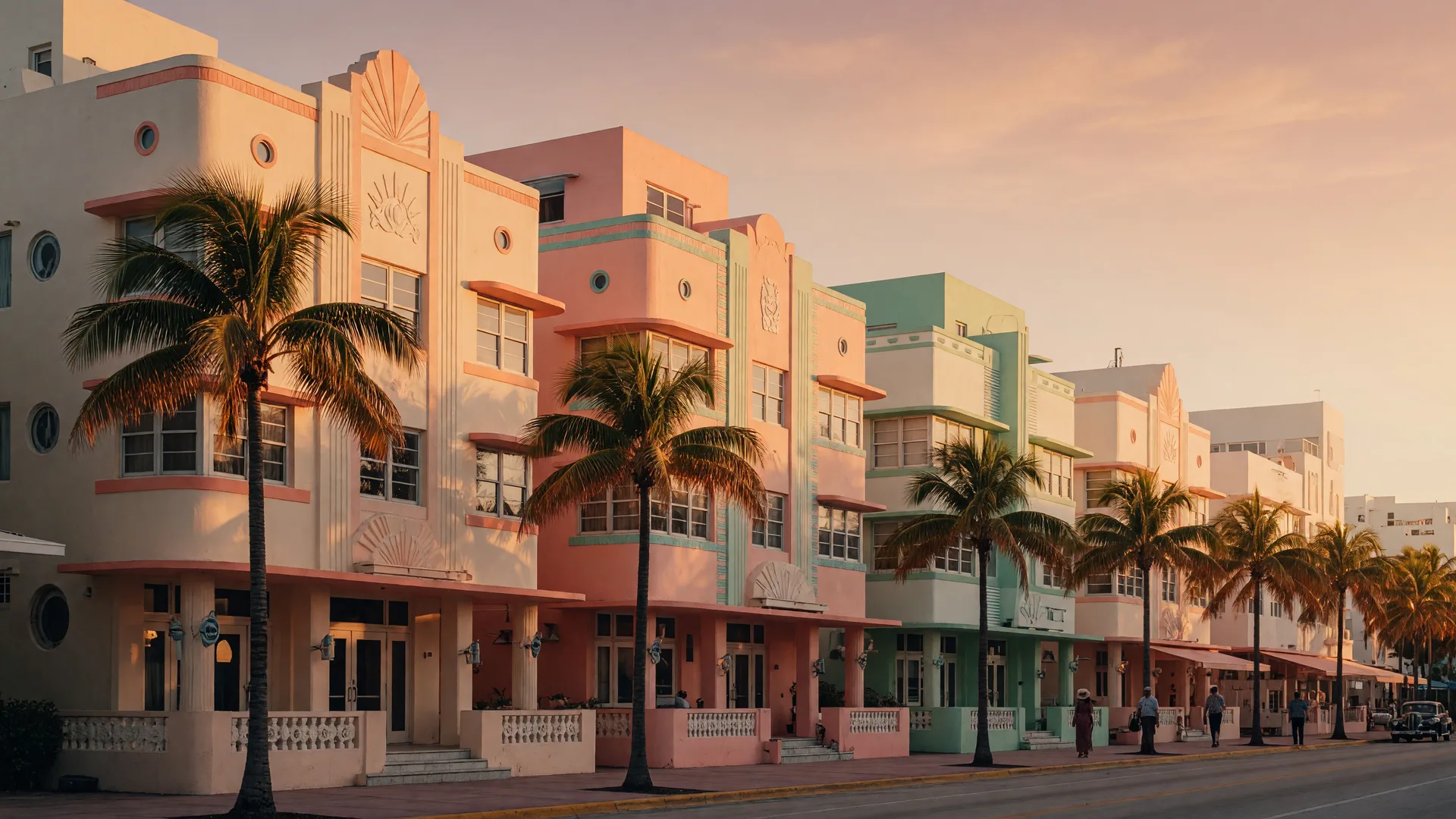 Pastel Art Deco hotel facades on Miami Beach's Ocean Drive at golden hour, lined with royal palms