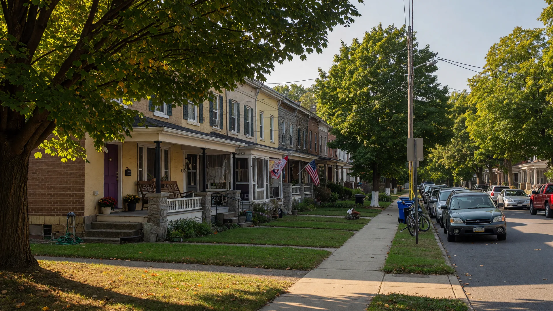 Quiet tree-lined residential street in Clifton Heights, Pennsylvania with historic twin homes and mature shade trees on a sunny summer afternoon