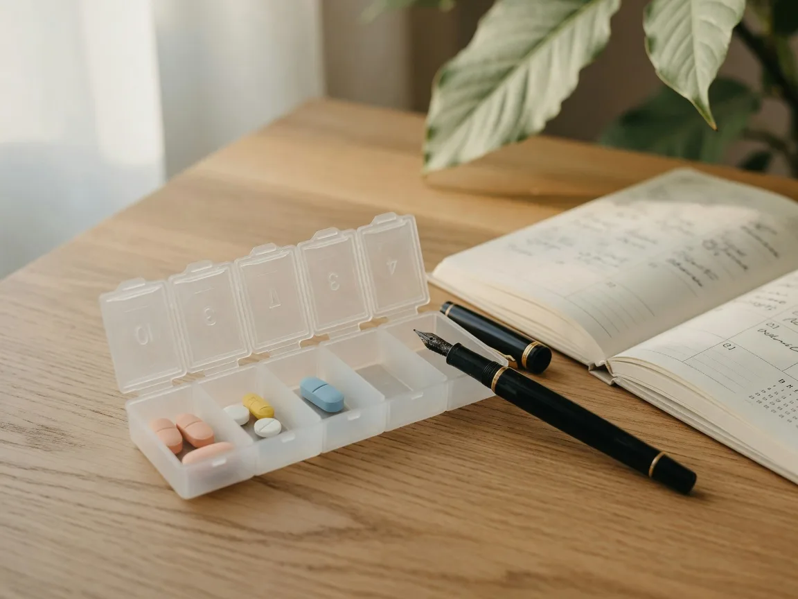 An open weekly pill organizer with tablets, a fountain pen, and a paper planner on a warm wooden desk in soft morning light