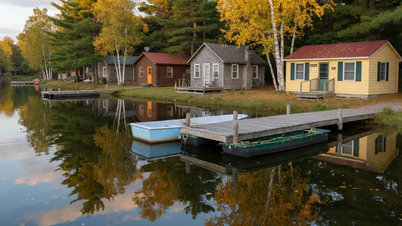 Peaceful Gull Lake shoreline in early autumn with a dock, two pontoons, and birch and pine cottages reflecting in calm water