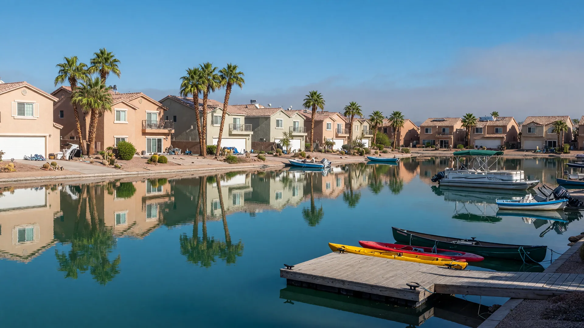 Private lake community in northwest Las Vegas with a calm lake, community dock, paddle craft and homes along the shoreline