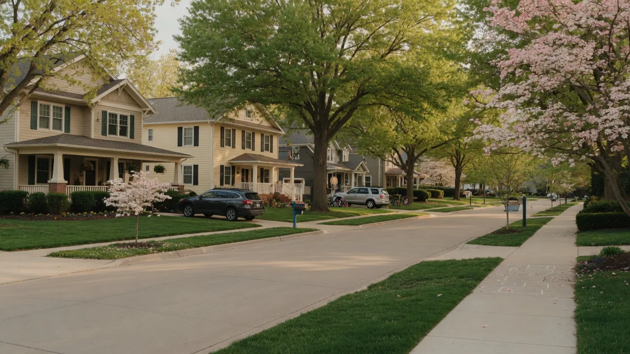 Serene suburban street in Johnson County Kansas with tree-lined boulevard and beautiful homes