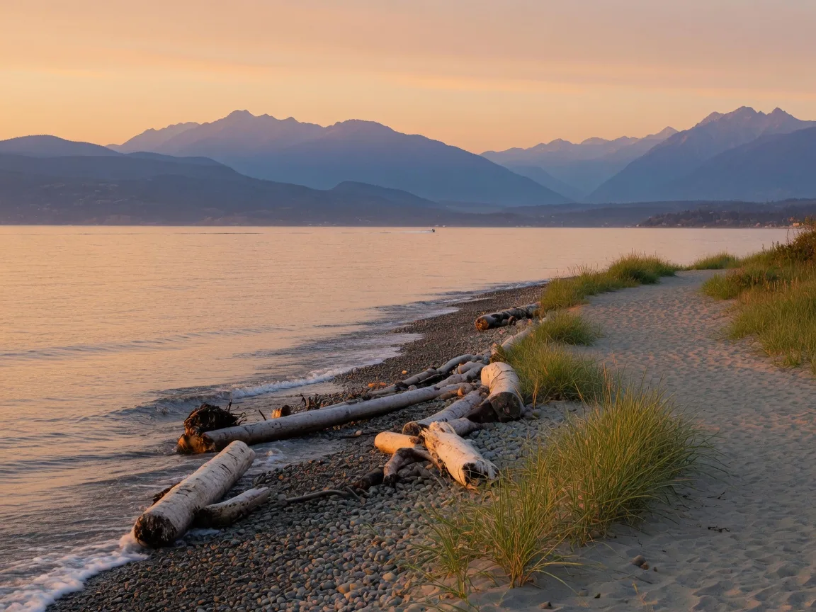 The Strait of Juan de Fuca shoreline near Victoria BC at golden hour, with gentle waves, driftwood, a walking path, and distant mountains