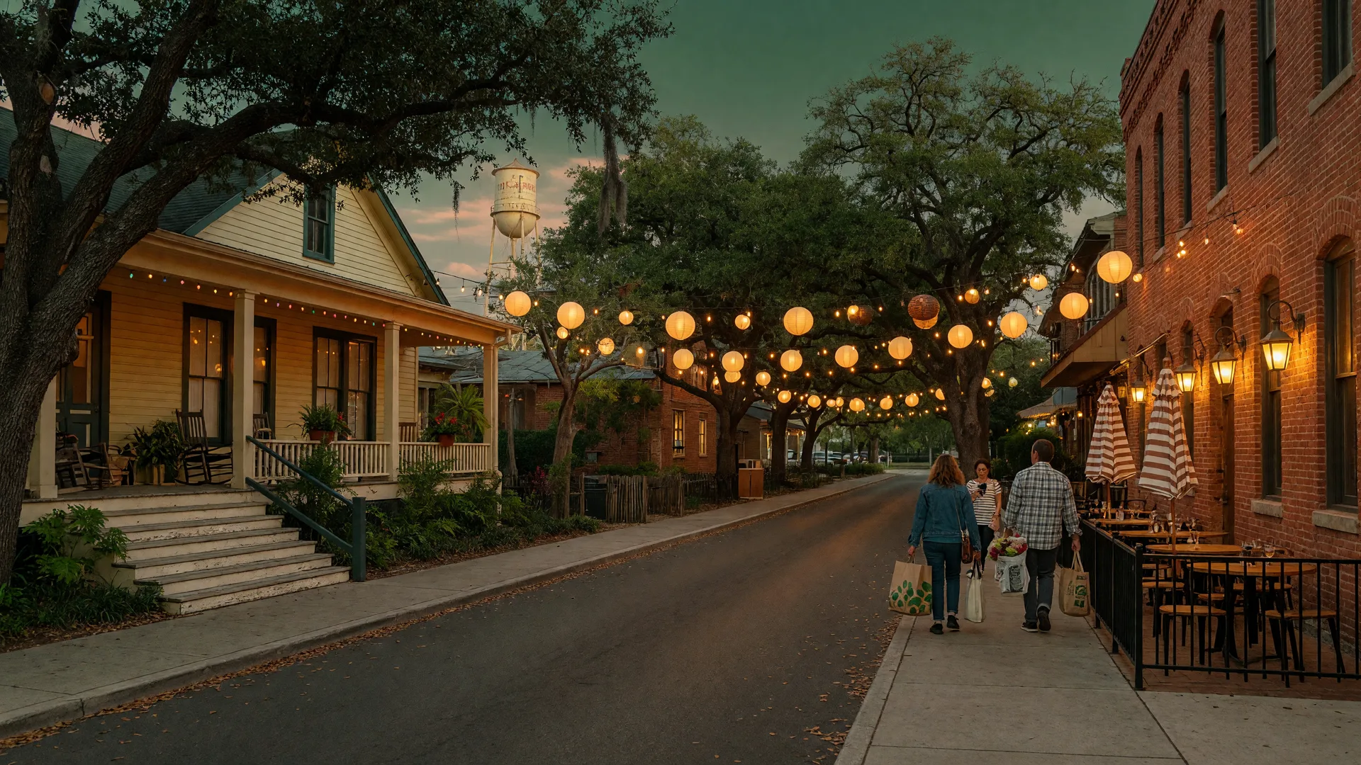 A craftsman bungalow and a glowing brick cafe patio under live oaks in Tobin Hill at dusk, with the Pearl water tower in the distance, the walkable San Antonio neighborhood where homes for sale sit steps from the Pearl District