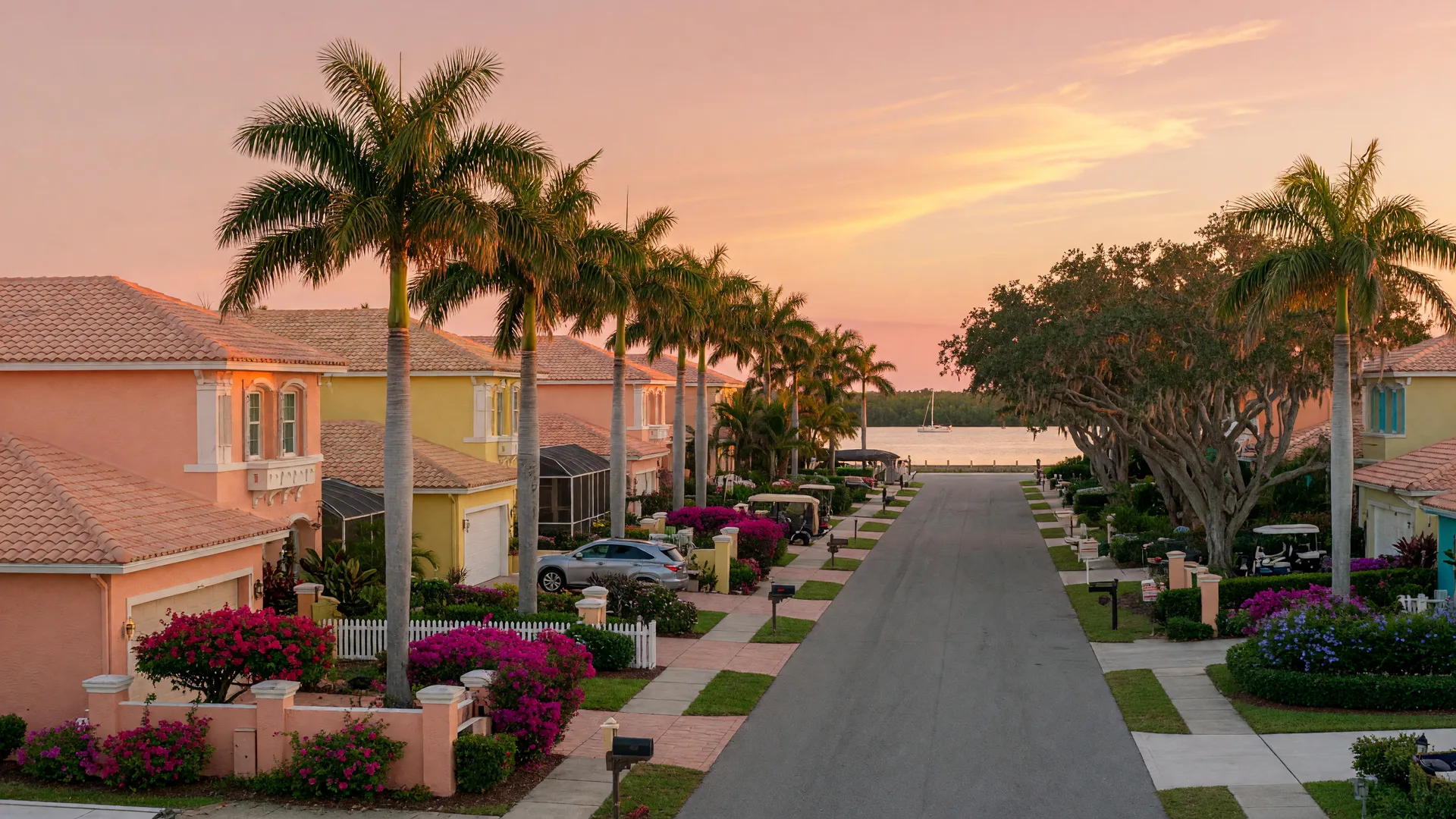 A golden-hour Southwest Florida neighborhood street lined with palms and stucco homes